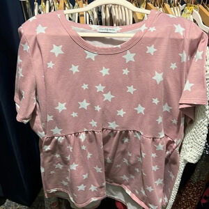 CHA Can Vents Pink Top With White Stars high low hem babydoll style.